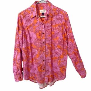 Universal Thread Floral Tropical Linen Button Shirt Long Sleeve Beachy XS Pink